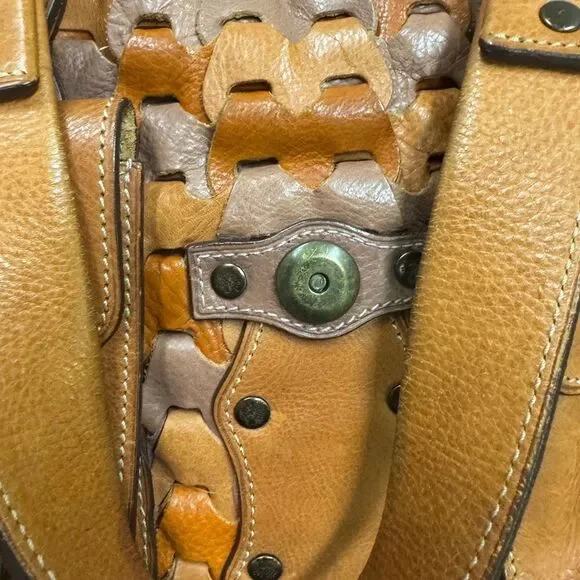 Mulberry Camel Cognac & Taupe Interlocking Woven Leather Roxanne Tote Bag Y2K - Picture 14 of 16